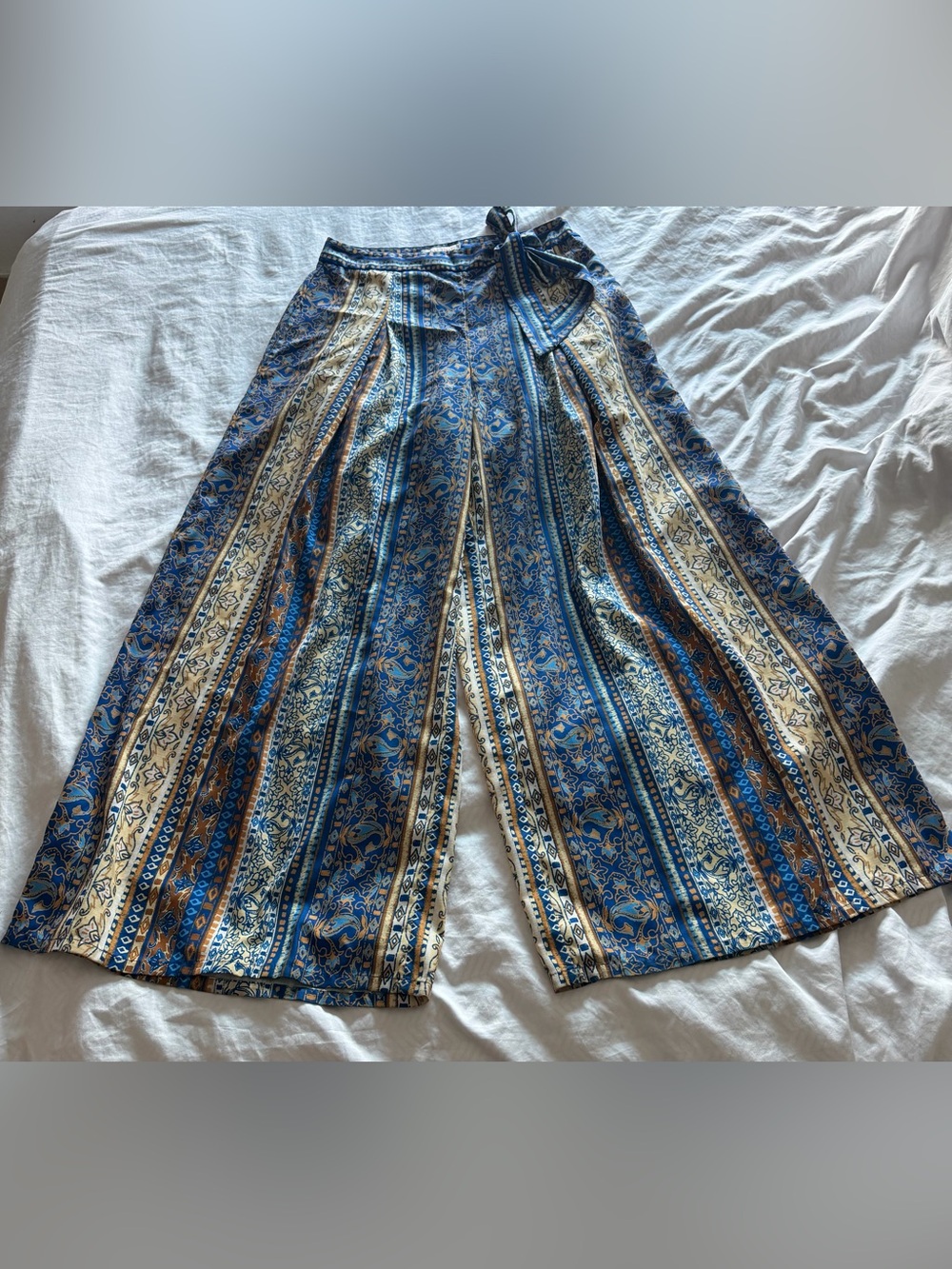 Flying Tomato Blue & Cream Boho Wide-Leg Wrap Pants